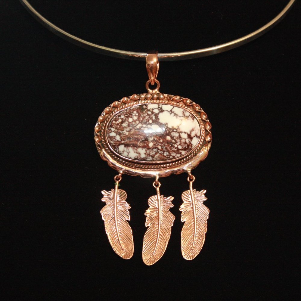 Horse Jasper Pendant with Copper Feathers NWOT - Picture 2 of 2